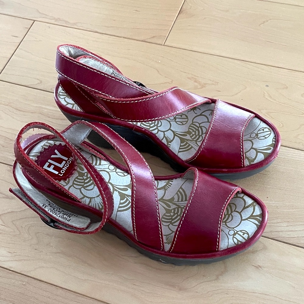 Fly London Red Leather Open-Toe Slingback Sandals